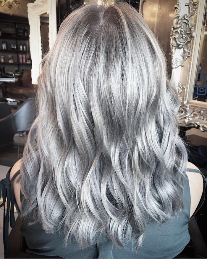 Wavy bright silver hair at Vauxhall hair salon