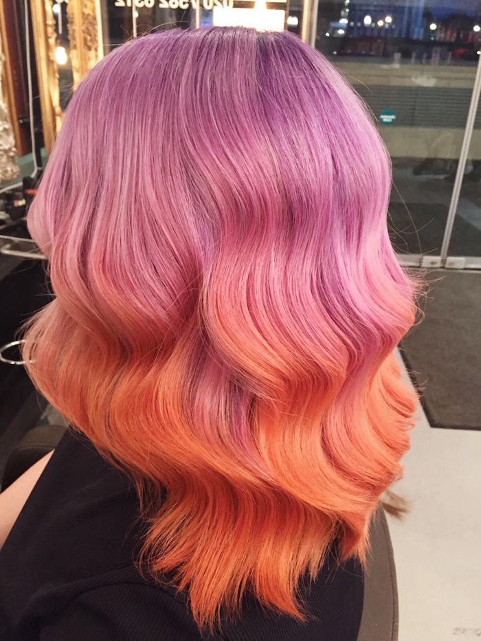 Purple hair to peach hair as an ombre at London salon in Vauxhall and Nine Elms