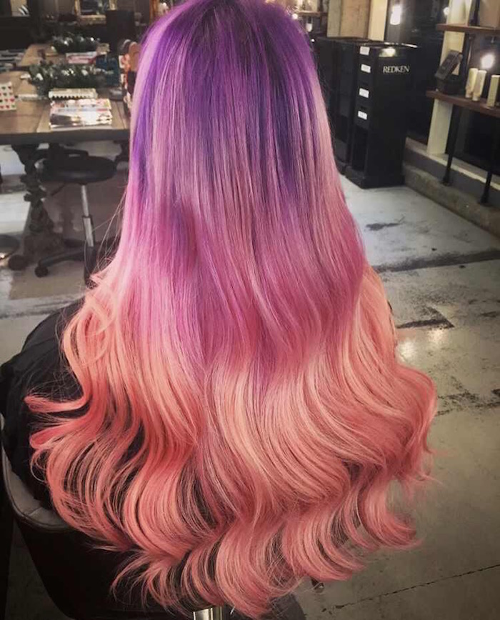 Deep purple hair to pink hair to peach hair at modern London salon in Vauxhall and Nine Elms