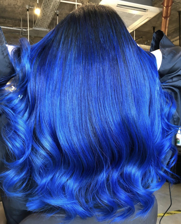 Blue vivid, long hair in London hair salon