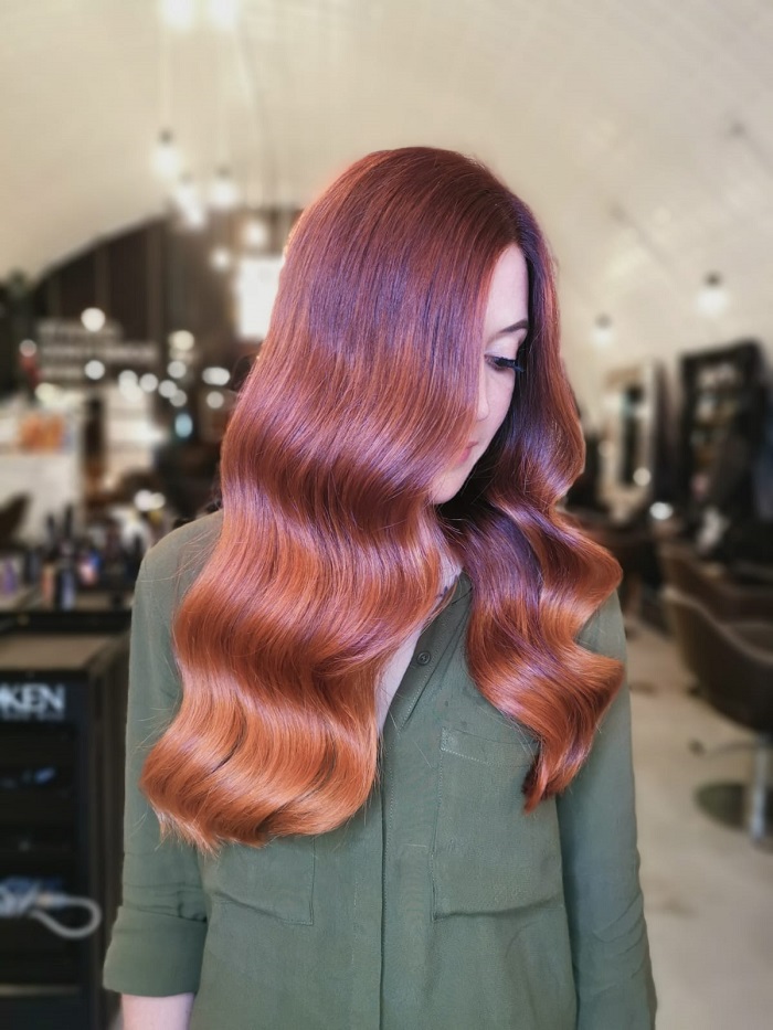 red and copper fade with sleek and wavy blow dry