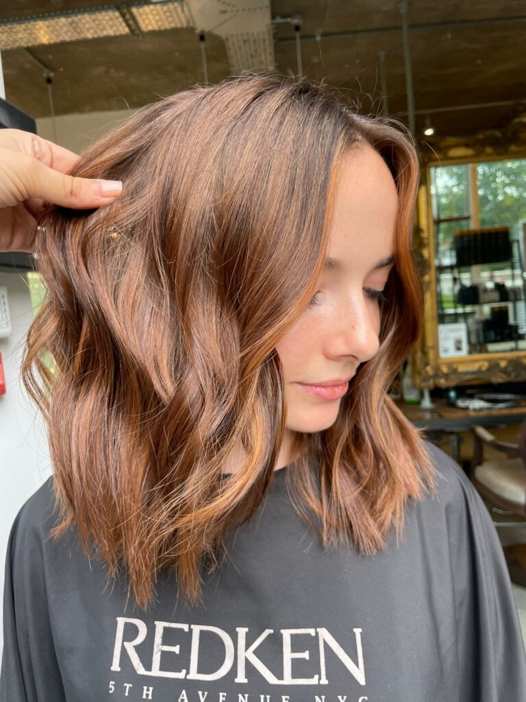 Popular mid length hairstyles, copper balayage, toffee balayage, natural copper balayage, natural balayage, auburn balayage, autumn balayage, best london hair salon, vauxhall balayage, vauxhall hair salon