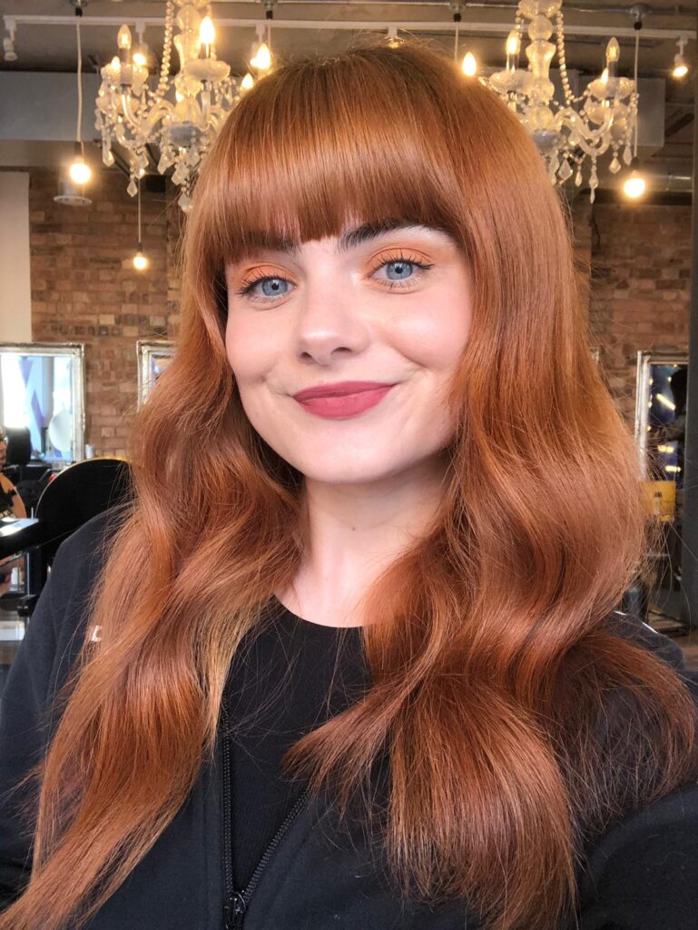 Live True London, Live True, Fringe Style, Fringe, Fringe Haircut, Blunt Fringe, Auburn Hair, Red Hair, Auburn Balayage, Red Balayage, Ginger Balayage, Ginger Hair